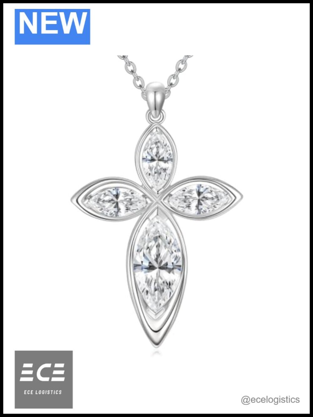 Sterling Silver Cross Necklace Marquise Simulated Diamond